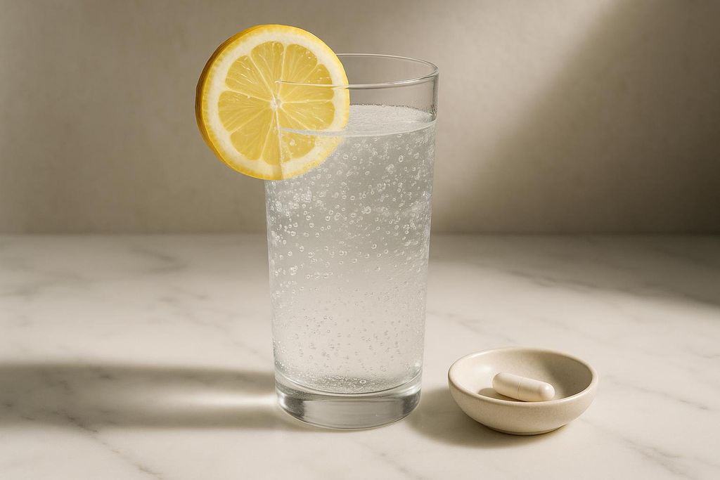 A tall glass of sparkling water with a lemon slice on the rim sits next to a small dish holding a white electrolyte capsule. Both items are on a light-colored, subtly veined surface, likely marble.