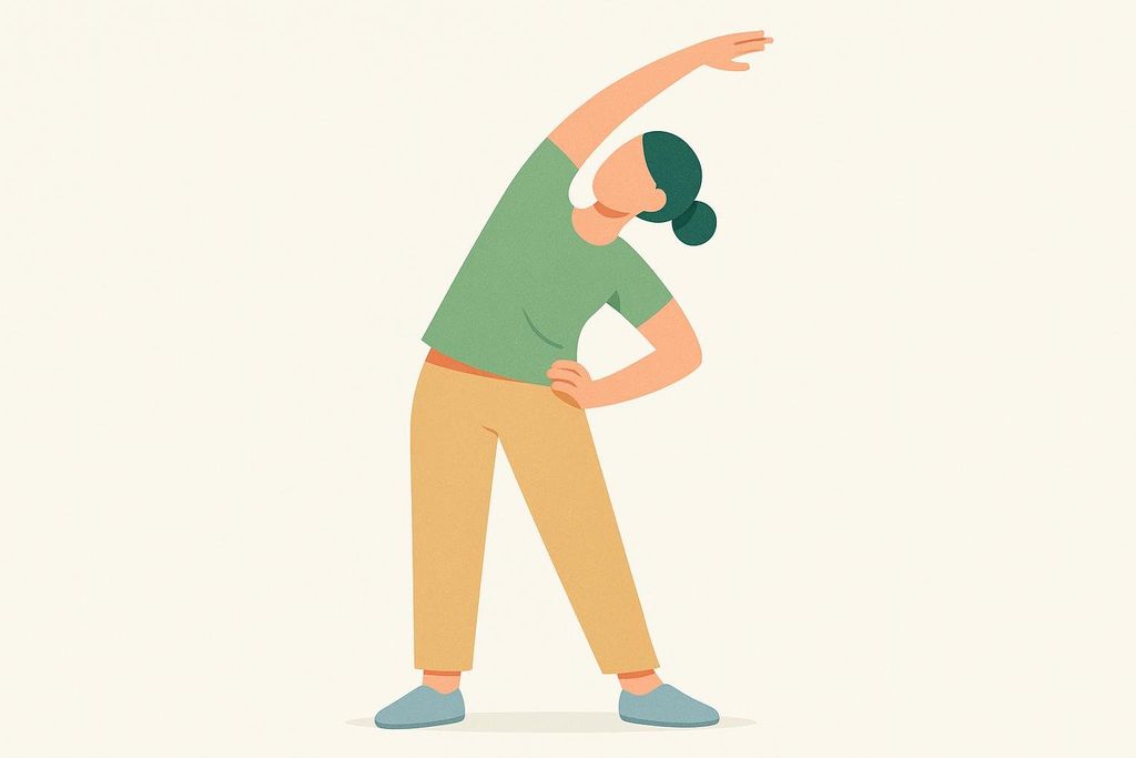 An illustration of a person with dark green hair in a bun, wearing a green t-shirt, tan pants, and blue shoes, performing an overhead side stretch with one arm extended upwards and the other hand on their hip.