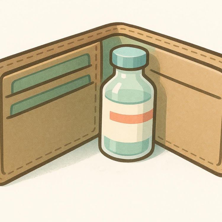 A wallet containing a medicine vial, symbolizing the cost of health.