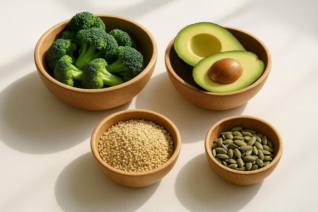Nutrient-dense foods laid out in wooden bowls on a white surface. There is a bowl of broccoli florets, a bowl with a halved avocado, a bowl with quinoa, and a bowl with pumpkin seeds.