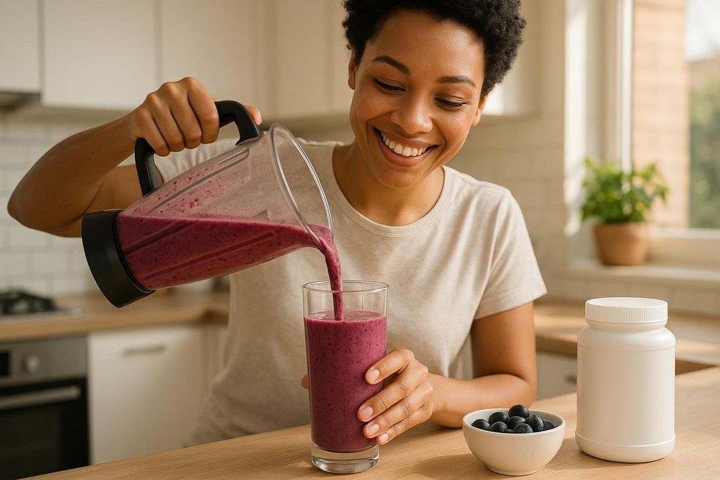 A smiling woman with dark curly hair pours a purple berry protein smoothie from a blender into a clear glass. A white container of protein powder and a bowl of blueberries are on the wooden counter next to the glass in a sunlit kitchen.