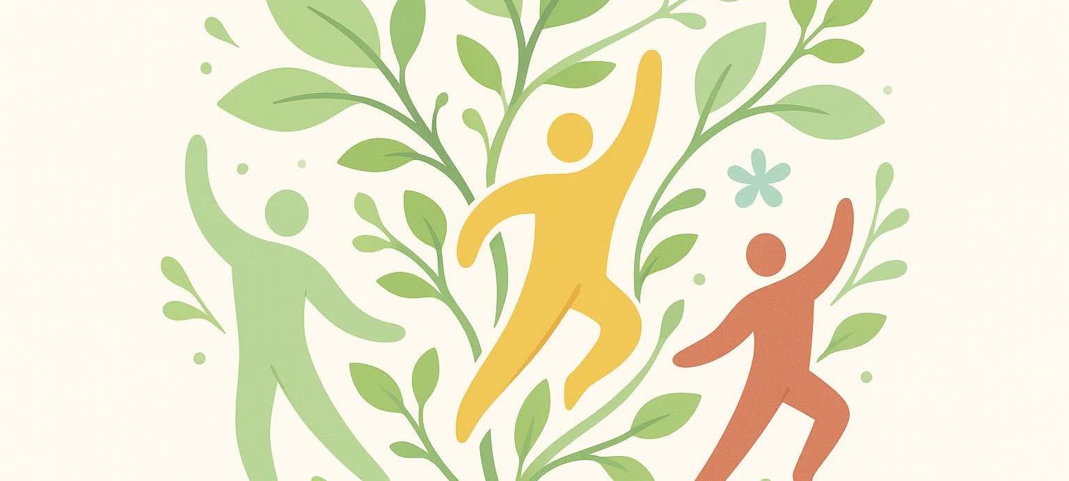 Stylized illustration of abstract figures and flourishing plants, symbolizing corporate well-being and growth.