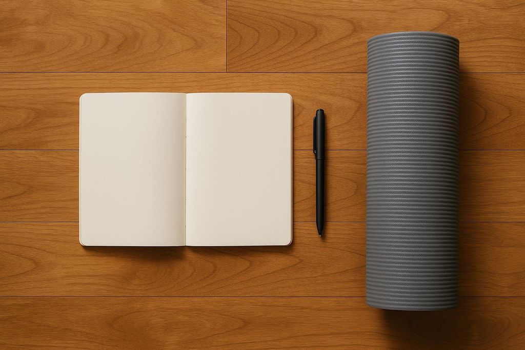 Overhead view of a blank notebook and an exercise mat laid on a wooden floor