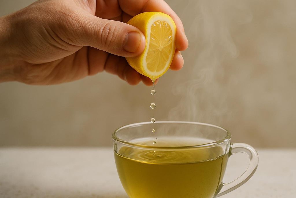 A hand squeezes a fresh lemon half, dripping juice into a steaming glass cup of green tea. The background is a soft, neutral color.