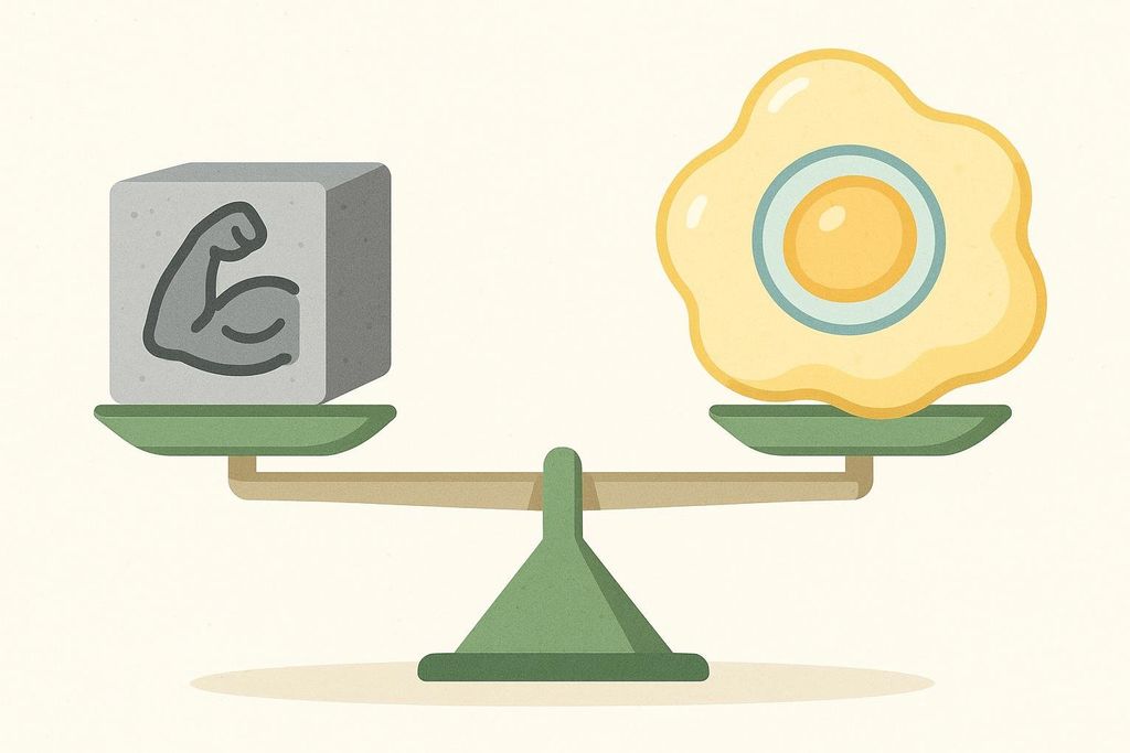 An illustration showing a scale with a dense, gray cube representing muscle on one side, and a large, irregular blob representing fat on the other. The scale is balanced, indicating that the smaller muscle cube weighs the same as the larger fat blob, illustrating the difference in density between muscle and fat.