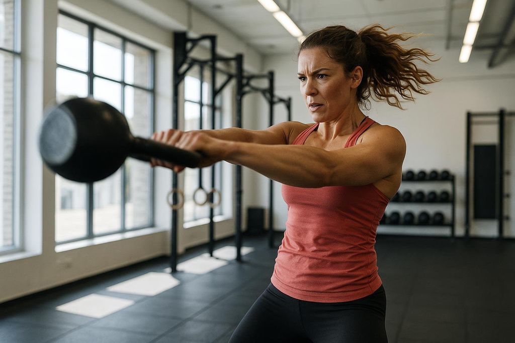 A woman with her hair pulled back in a ponytail performs a kettlebell swing in a gym, demonstrating strength and focus with a determined expression. She is wearing a red tank top and black leggings, and her arms are extended forward, holding the kettlebell.