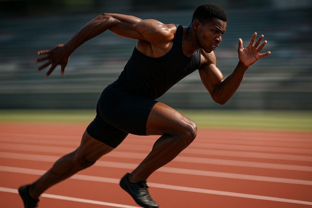Runner mid-sprint showcasing powerful limb muscle mass