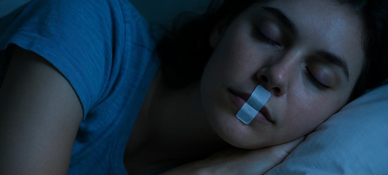 Close-up of a young woman sleeping peacefully in a dimly lit room, with a piece of mouth tape applied horizontally across her lips.