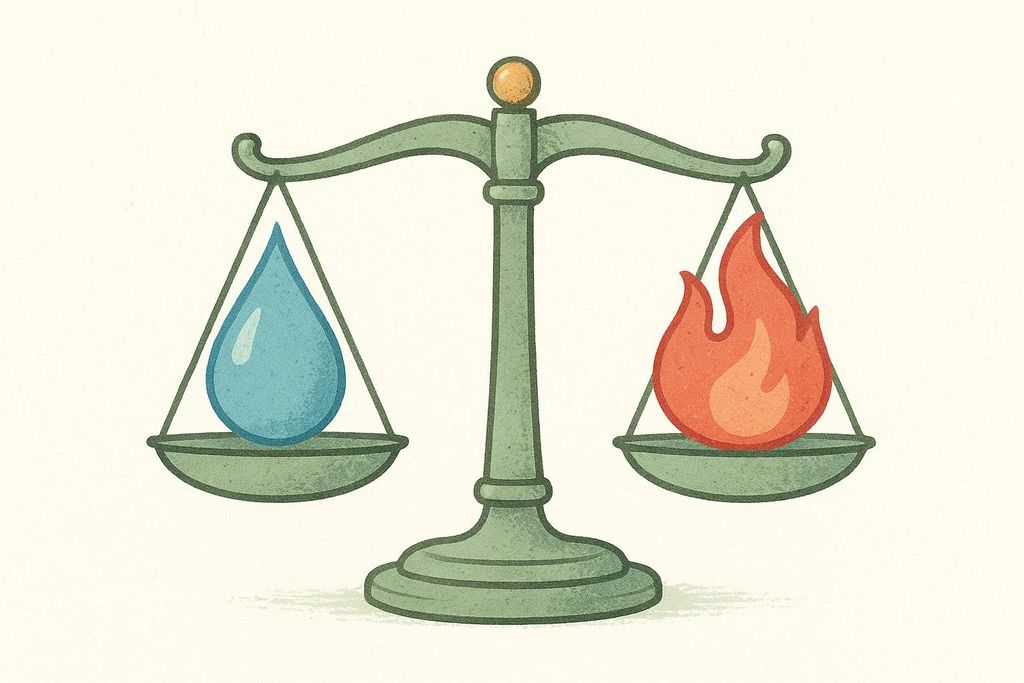 An illustration of a balance scale with a single blue water drop on the left pan and a red and orange flame on the right pan. Both sides are perfectly balanced, suggesting equilibrium.