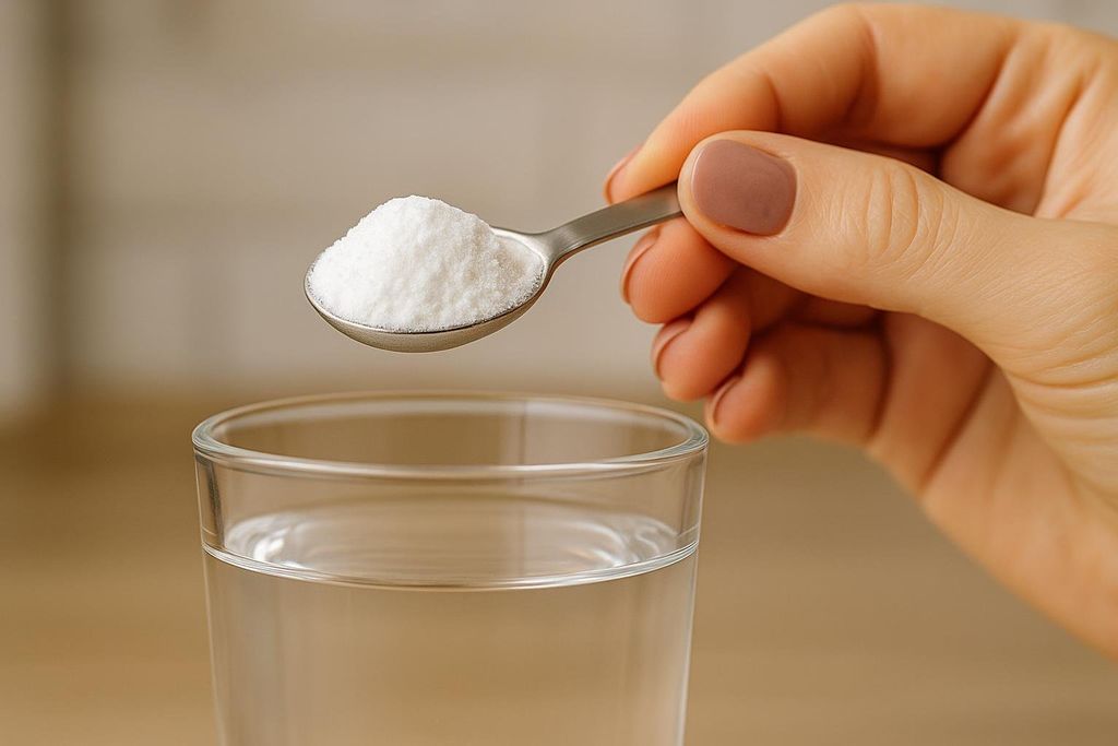 A close-up of a hand holding a spoon filled with white creatine powder, positioned over a clear glass of water, ready for mixing.