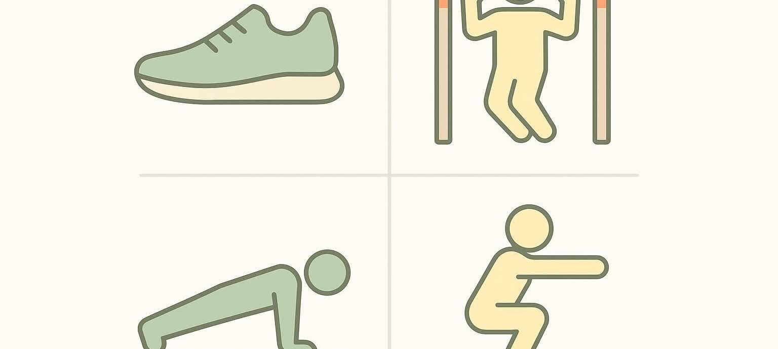 An illustration showing icons for the four exercises in the Murph workout: running (represented by a sneaker), pull-ups (represented by a figure on a pull-up bar), push-ups (represented by a figure in a push-up position), and squats (represented by a figure in a squatting position).