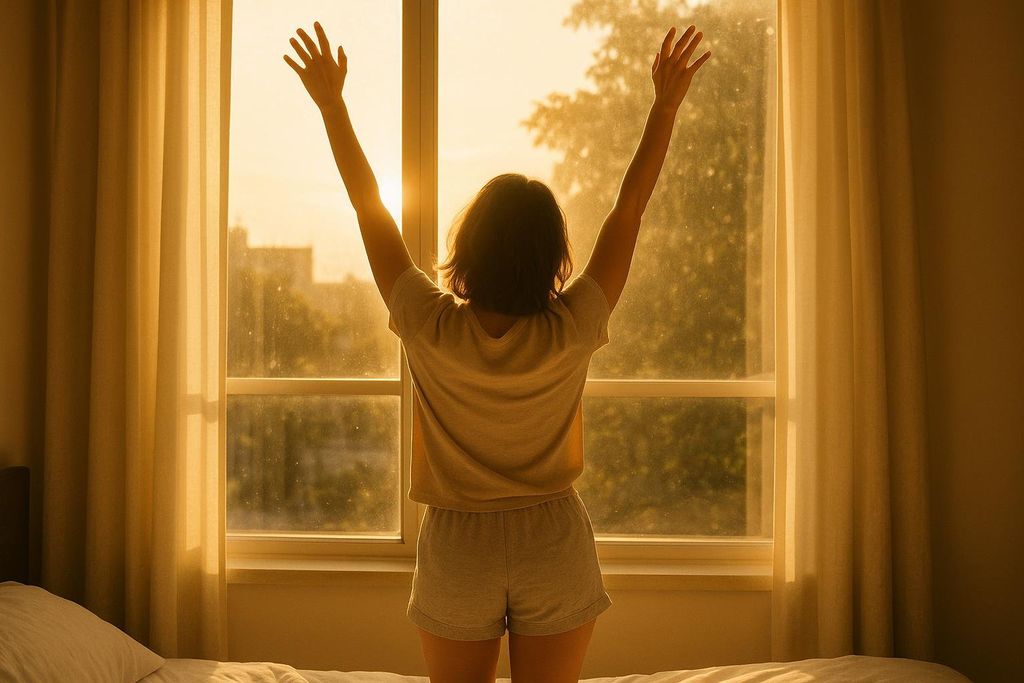 A woman waking up refreshed and stretching in golden morning light