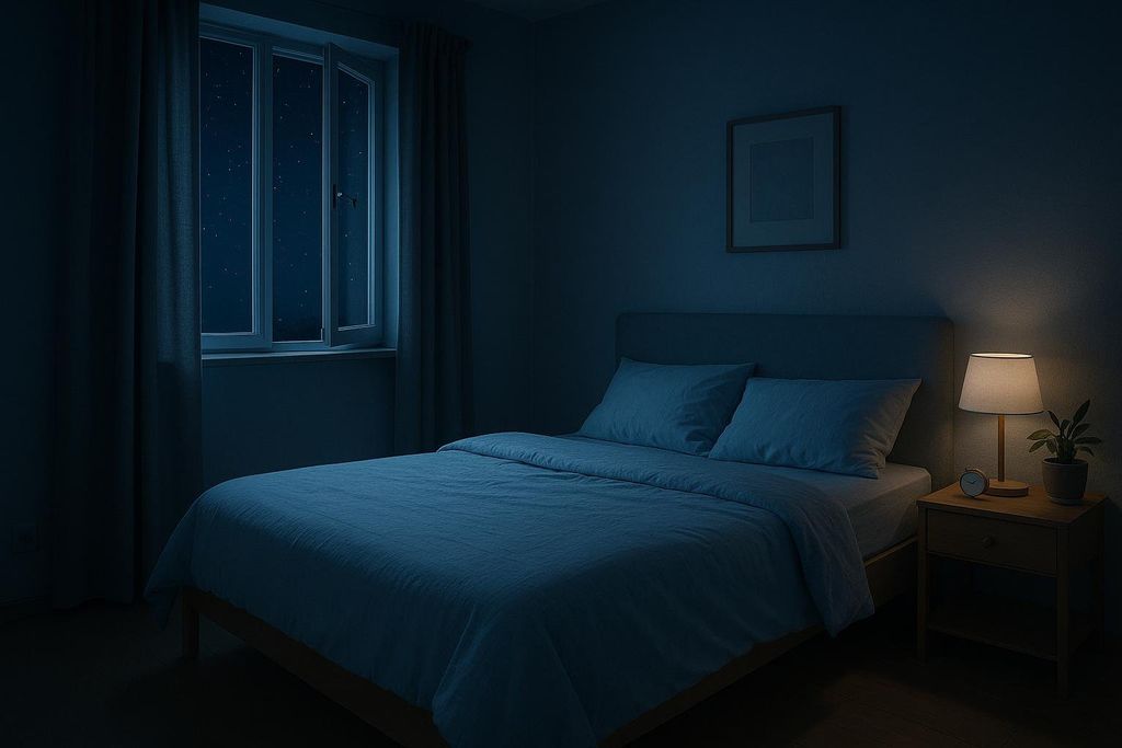 A serene and dark bedroom at night, with a window showing a starry sky. A warm bedside lamp casts a soft glow on a plant and an alarm clock, providing a peaceful ambiance for sleep.