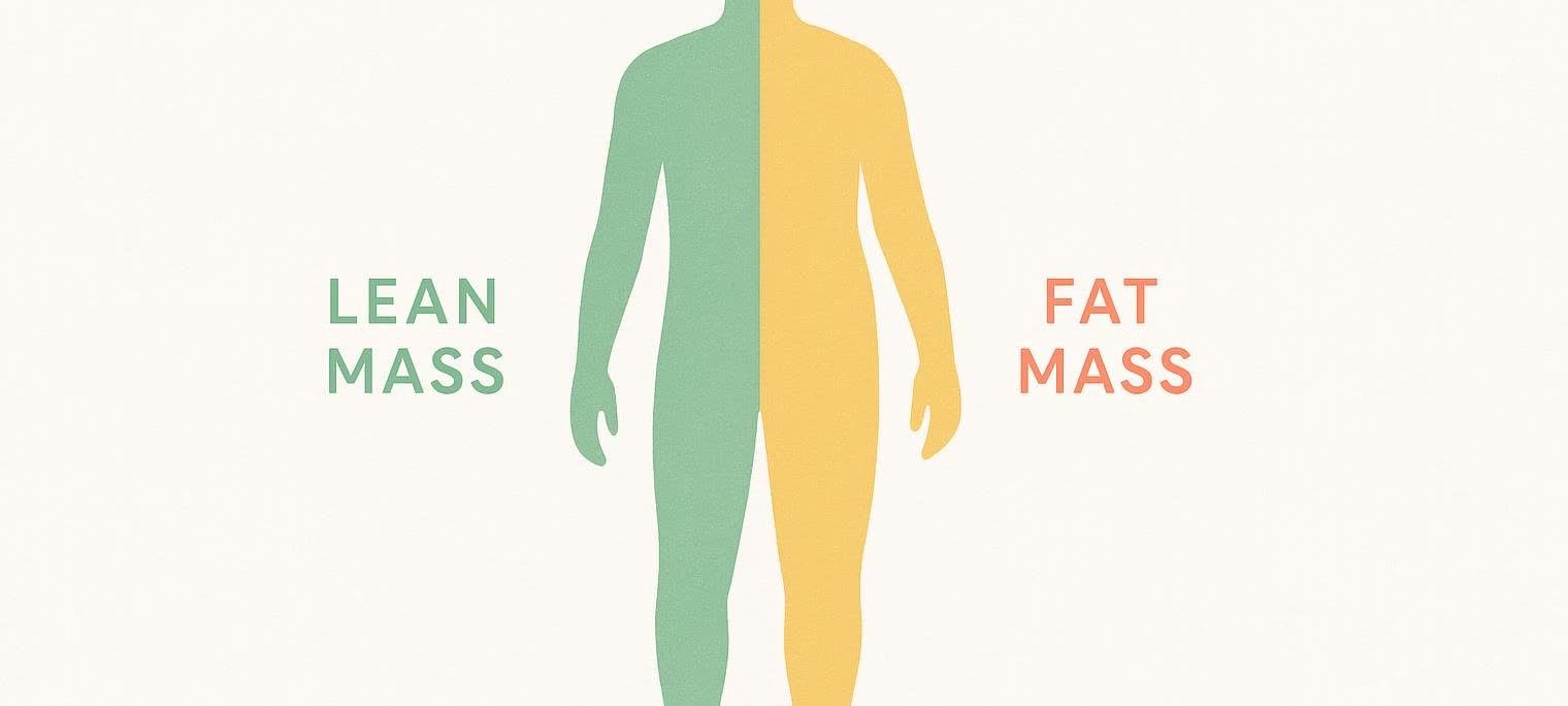 Abstract illustration of a human silhouette split down the middle, with the left half colored green and labeled "LEAN MASS" and the right half colored yellow and labeled "FAT MASS."