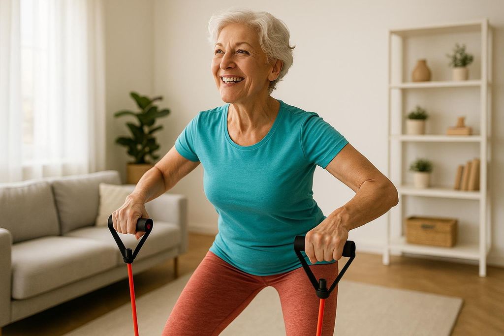 A vibrant senior woman with short white hair smiles broadly while doing strength training with a red resistance band in her living room. She is wearing a teal t-shirt and rust-colored leggings, holding the band handles with both hands and pulling them upwards.