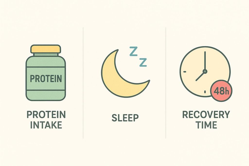Three icons representing key factors for muscle growth: a protein supplement container labeled 'Protein Intake', a crescent moon with 'Zzz' for 'Sleep', and a clock with '48h' for 'Recovery Time'.