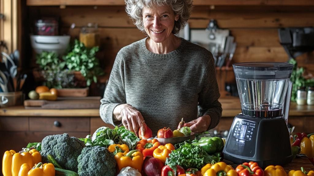 A smiling older woman stands in a kitchen preparing to blend a pile of fresh vegetables.