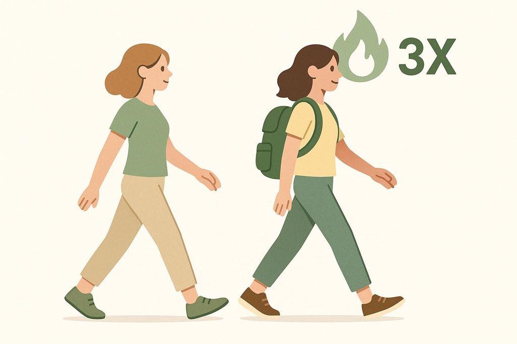 Illustration comparing calorie burn during regular walking versus rucking. A person walking without a backpack is shown next to a person rucking with a backpack, with a '3X' symbol indicating rucking burns three times more calories.
