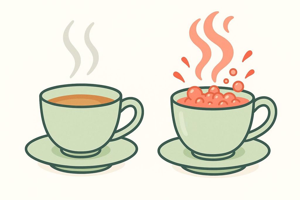 An illustration comparing a cup of tea with gentle steam indicating safe temperature, and another cup with aggressive boiling bubbles and splashing, representing dangerously hot water.