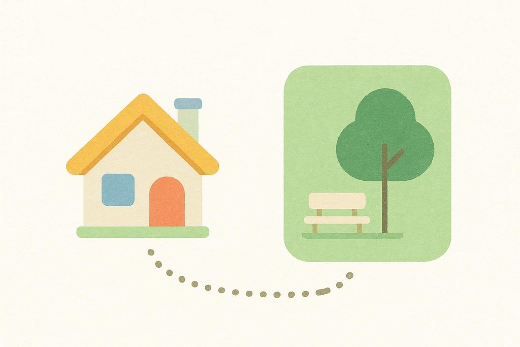 Illustration of a house icon next to a park icon, symbolizing close park access with a dotted line connecting them.