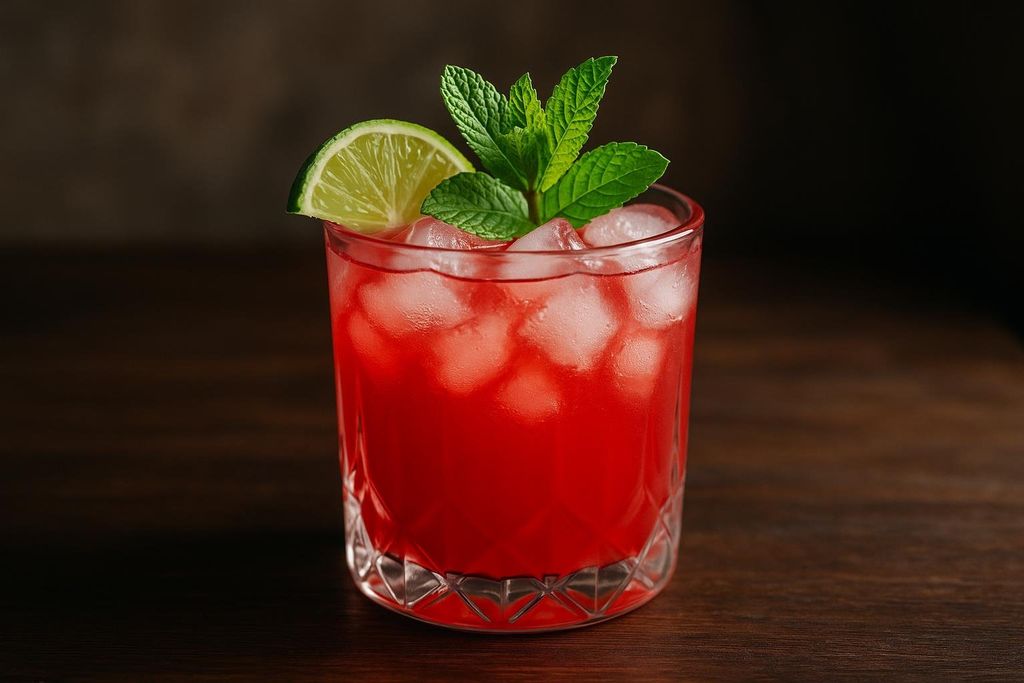 A vibrant red beetroot mocktail in a clear glass with ice cubes, garnished with fresh green mint sprigs and a wedge of lime, all set on a dark wooden surface.