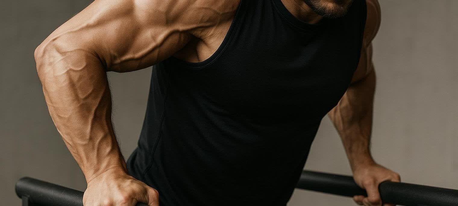A close-up photograph showcasing the triceps and shoulder engagement of a man performing a dip exercise on parallel bars. His arm muscles and veins are clearly visible.