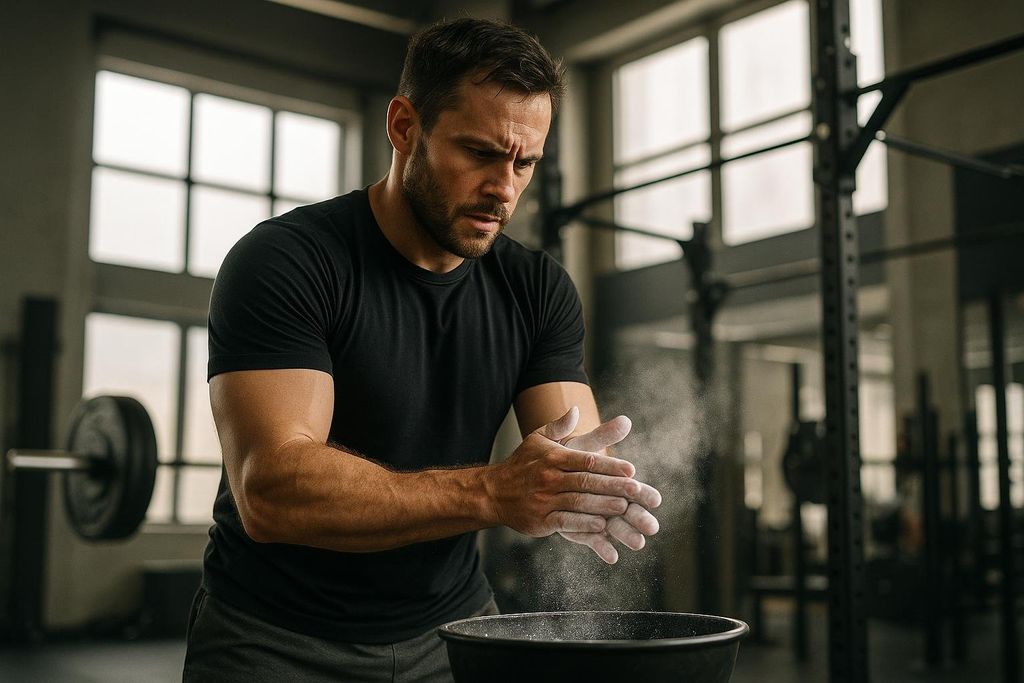 A focused male athlete in a black t-shirt claps his chalked hands together above a chalk bucket, with white powder dusting his hands and the air. He is preparing to lift weights in a gym setting.