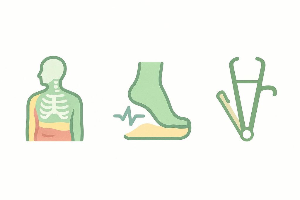 Icons representing different body composition measurement methods: DEXA (layers of a human torso), BIA (foot with an electric wave), and skinfold calipers (pincer tool).