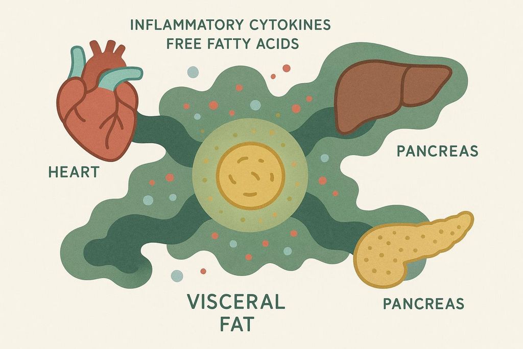 Illustration of visceral fat releasing inflammatory cytokines and free fatty acids that affect the heart, liver, and pancreas.