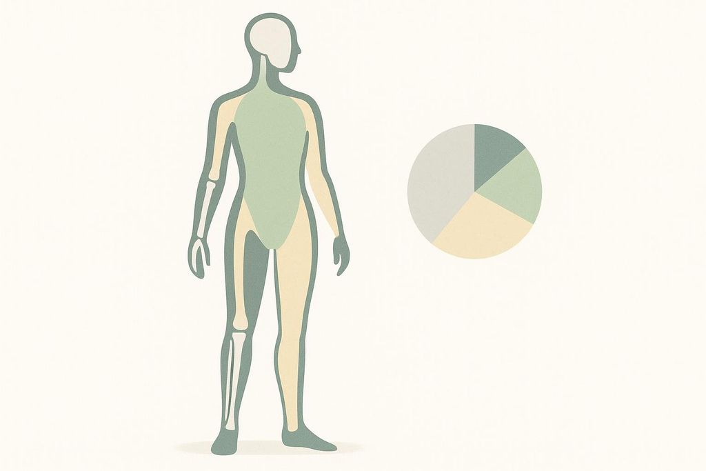 Abstract illustration of human body composition split into sections for bone, lean mass, and fat, with a pie chart showing the proportions.