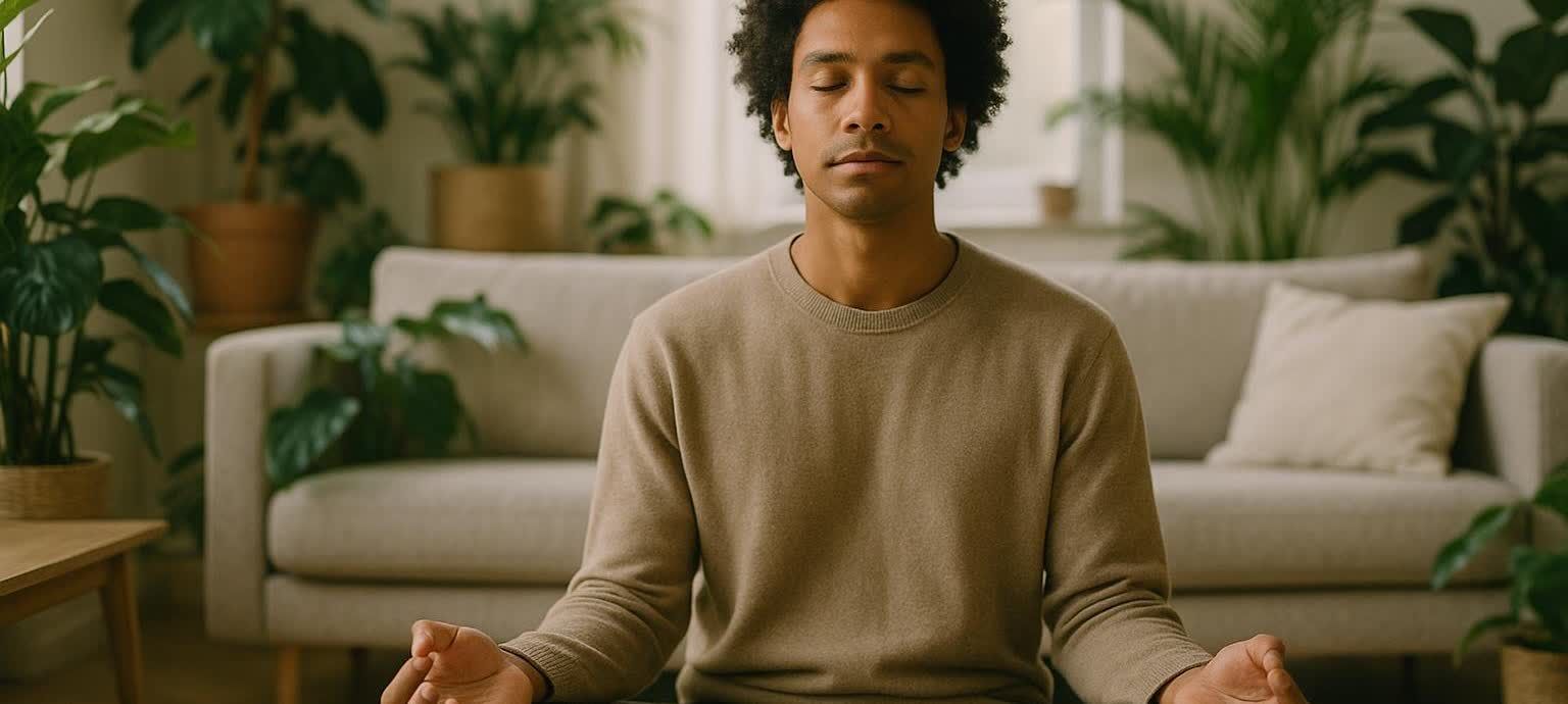 A man with curly dark hair and closed eyes meditates calmly in a sunlit room, surrounded by green plants, promoting feelings of peace and stress relief.