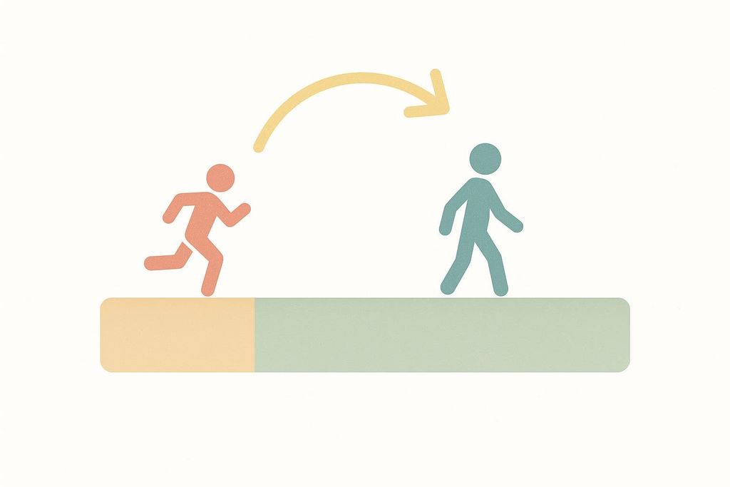 An illustration of a timeline graphic showing a short segment of a person jogging followed by a longer segment representing a person walking. An arrow above indicates a cycle from jog to walk and back, suggesting repeating intervals for a beginner workout.