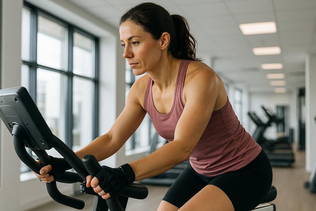 A woman in a pink tank top and black shorts rides a stationary bike in a brightly lit gym, with large windows in the background.