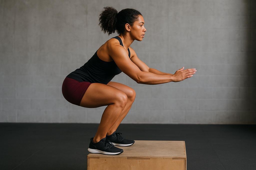 Side view of a female athlete with dark curly hair in a ponytail, wearing a black tank top and maroon shorts, performing a half-squat on a wooden plyo box. Her arms are extended forward for balance, and her form is perfect.