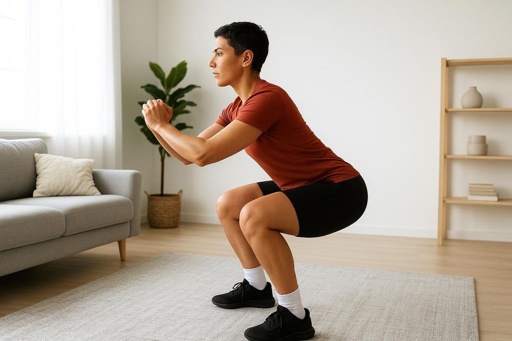 A woman with short dark hair in a rust-colored t-shirt and black shorts performing a bodyweight squat with good form, her arms bent and fisted in front of her. She is inside a bright room with a light gray rug, a sofa, and plants in the background.