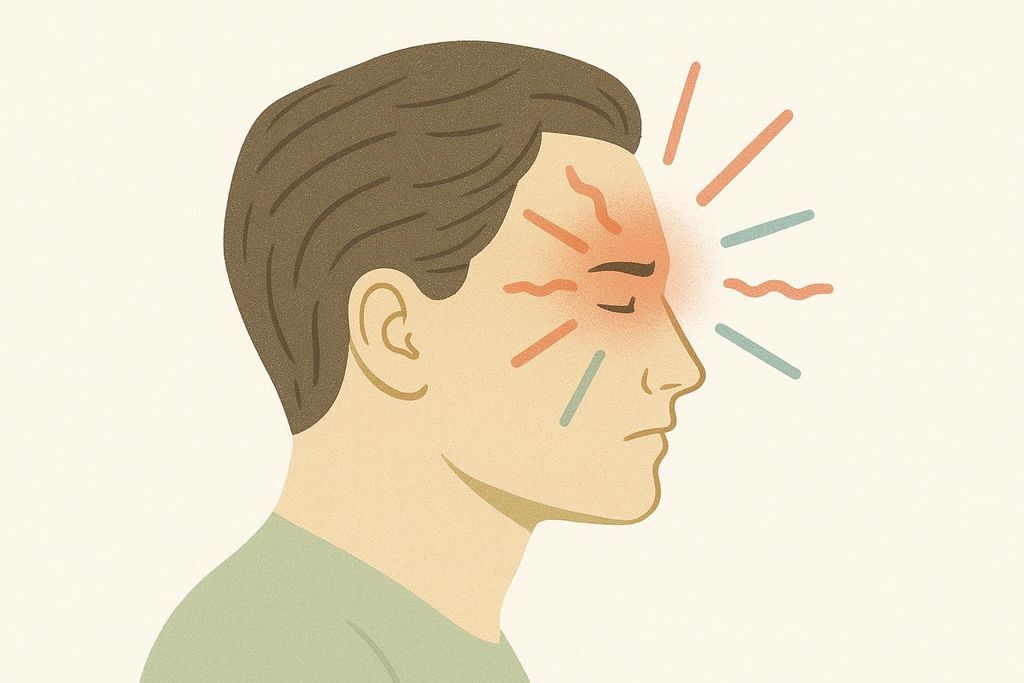 Illustration showing a person experiencing a caffeine withdrawal headache, with lines and squiggles emanating from their forehead to represent pain.