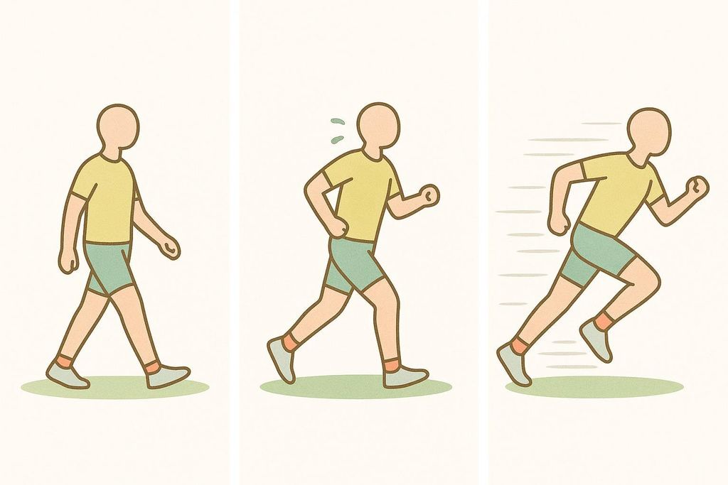 Three panels illustrating different cardio intensity levels: a person walking at low-intensity, jogging at moderate-intensity with sweat drops, and sprinting at high-intensity with speed lines.