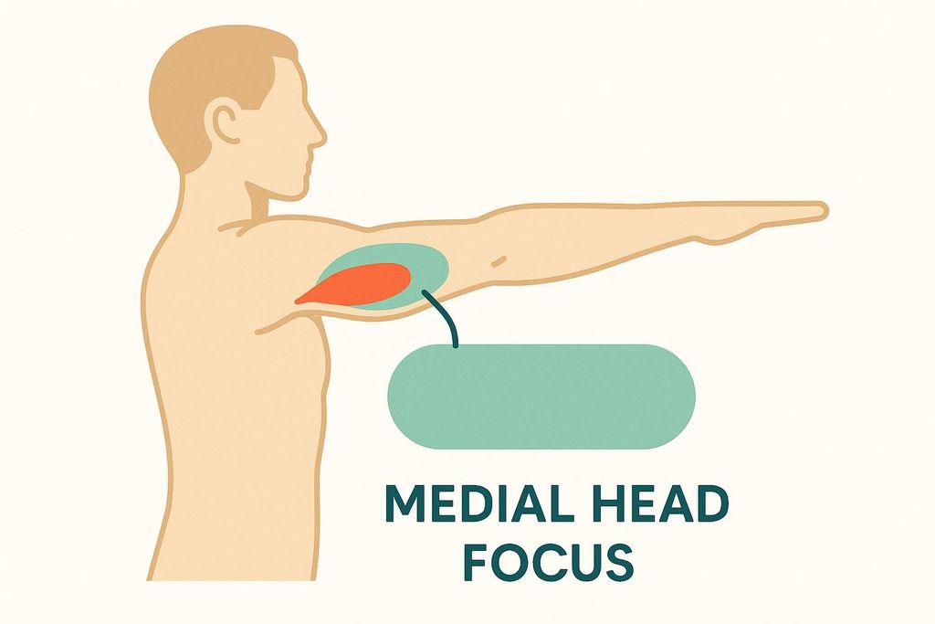 Diagram showing the medial head of a muscle (highlighted in red) activating in a human arm extended at 90 degrees, with text overlayed that reads "MEDIAL HEAD FOCUS".