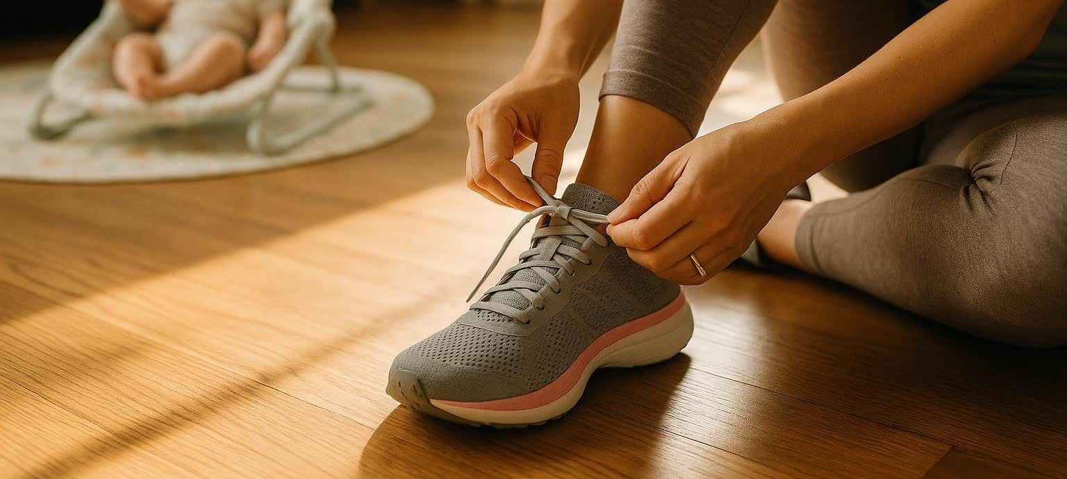 Close-up of a person, likely a mother, tying the laces of a grey running shoe with pink accents. In the soft-focus background, a baby is visible in a bouncer or similar baby gear on a light-colored rug on a wooden floor.