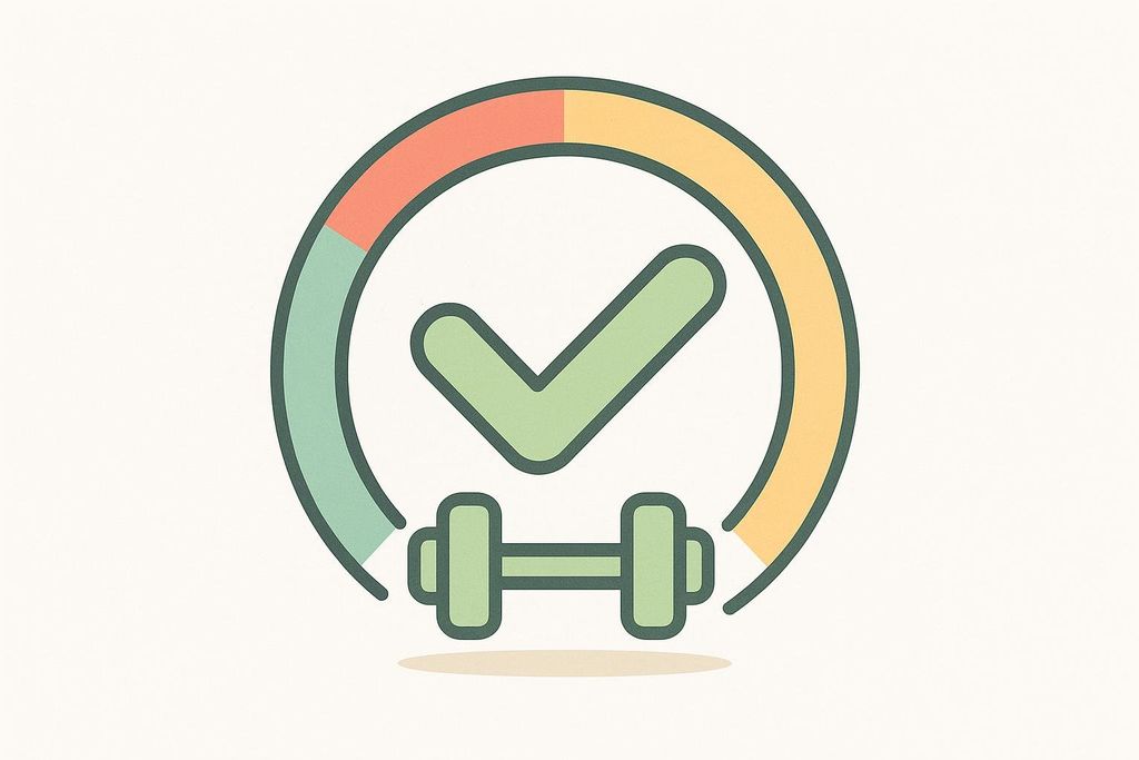 An illustration of a circular progress ring, partially filled with green, orange, and yellow segments, encompassing a green checkmark and a green dumbbell icon below it. This image represents fitness progress or achievement.