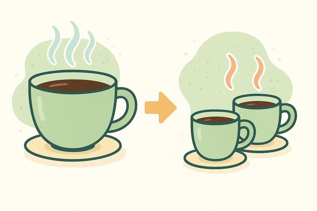 An illustration showing a large cup of coffee, representative of a large dose of caffeine, being split into two smaller cups, representing two smaller doses to be taken at different times. An orange arrow between the large cup and the two small cups indicates the transition.