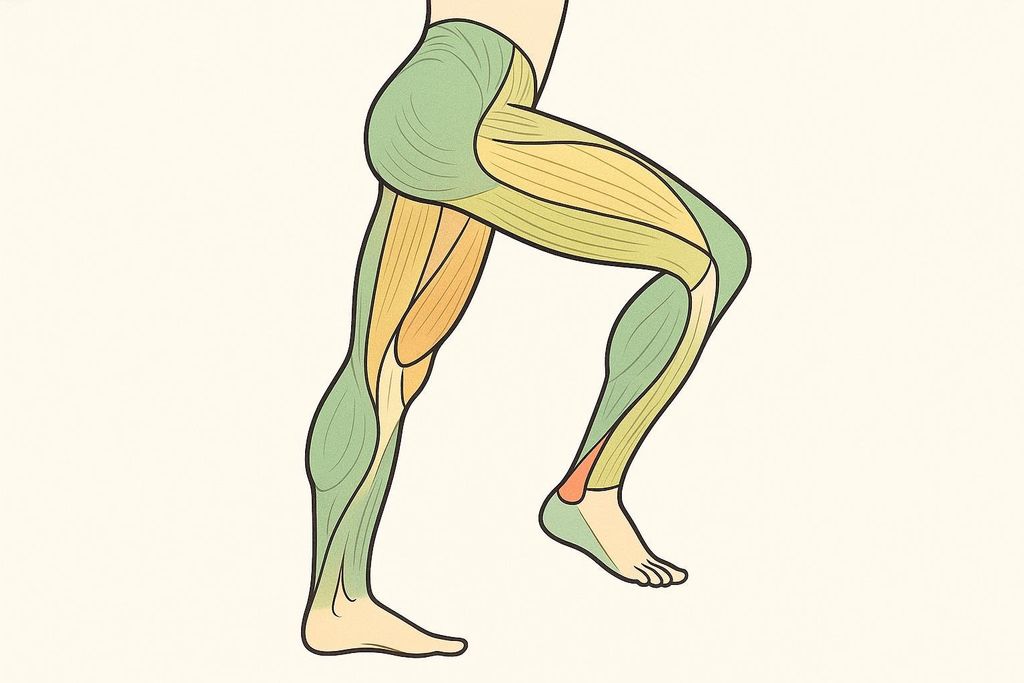 Illustration of the leg muscles, showing the quads, hamstrings, and glutes that are strengthened by cycling.