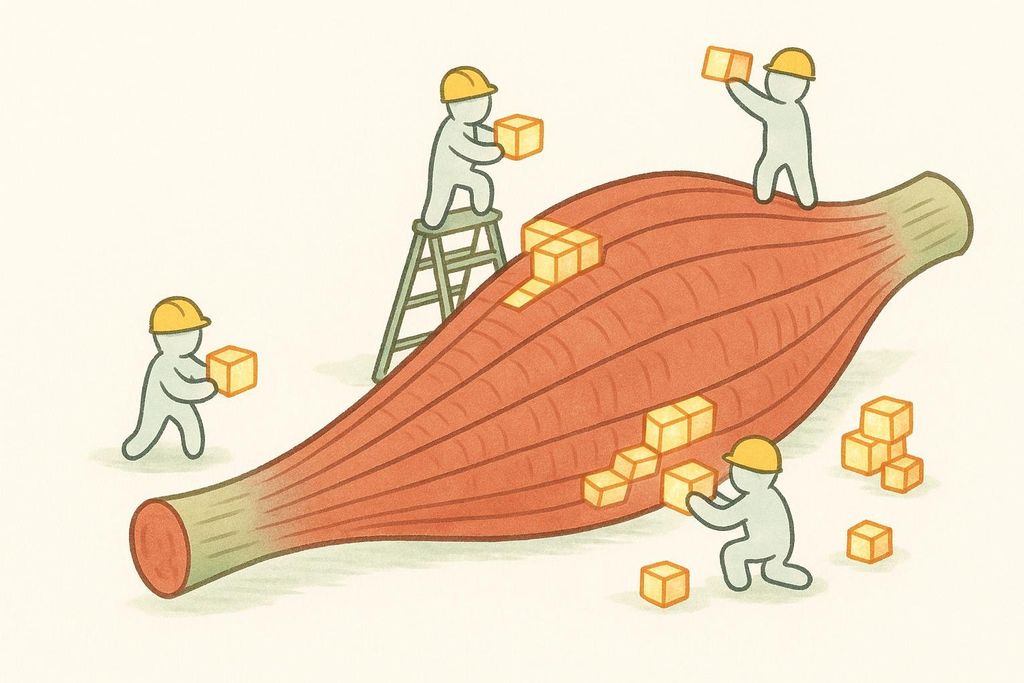Illustration of tiny workers in hard hats building a large muscle fiber from small, square blocks, representing the anabolic process of muscle growth.