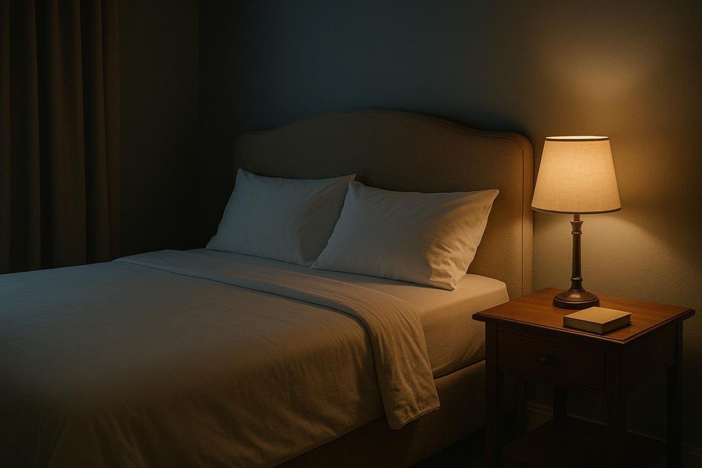 A dimly lit bedroom featuring a bed with white bedding and two pillows, beside which sits a nightstand with a lit lamp and a book. The scene conveys a calm and relaxing atmosphere.