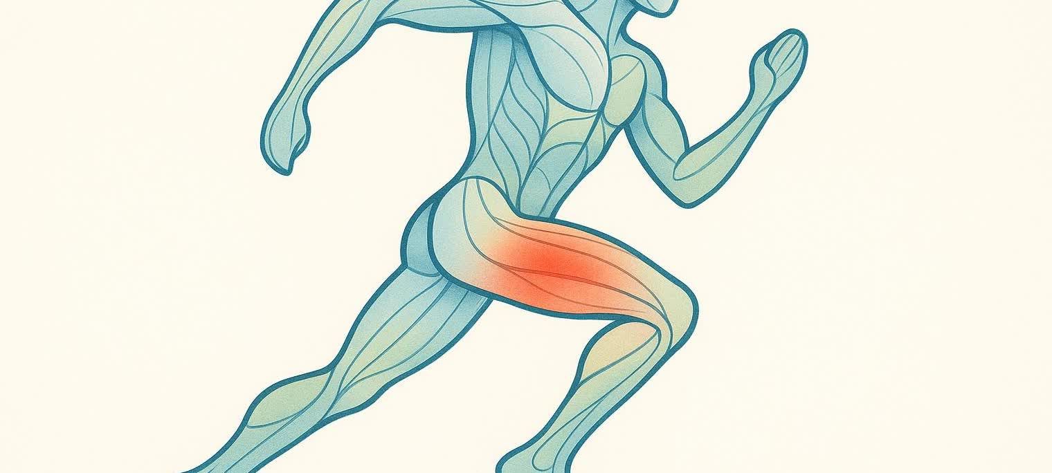 A stylized illustration of a human figure in a running pose, with muscular structure visible. A prominent red highlight on the upper thigh indicates a soft tissue injury or pain within the leg.