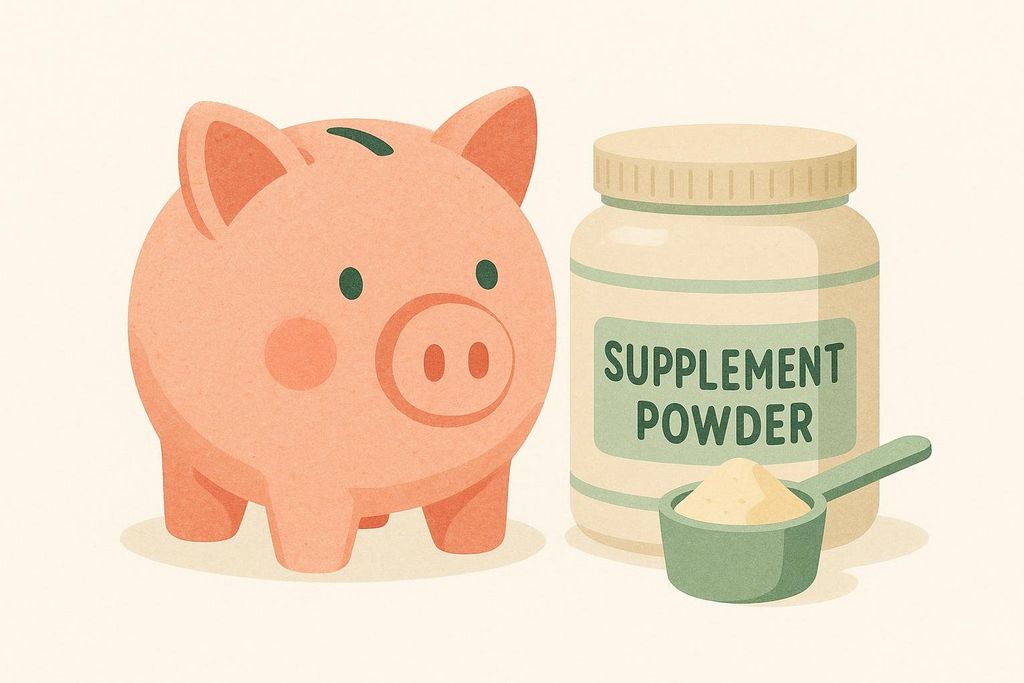An illustration showing a pink piggy bank on the left and a tub of 'SUPPLEMENT POWDER' with a scoop of powder next to it on the right. The image suggests a connection between saving money and health supplements.