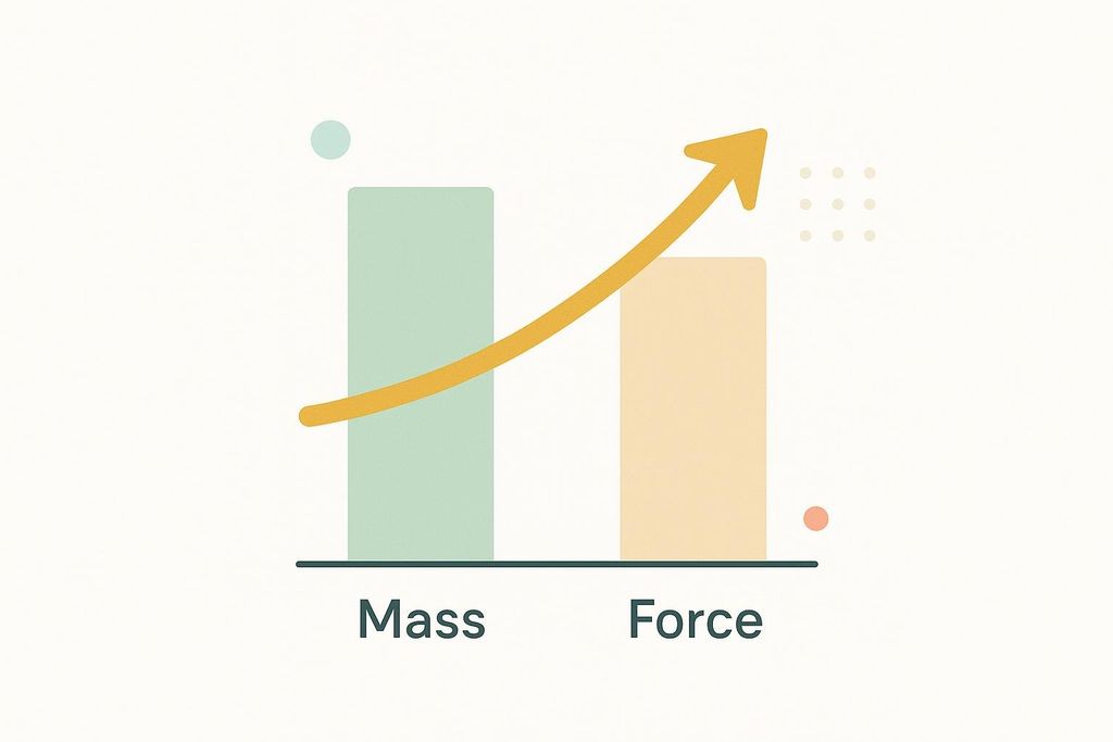 A bar chart illustrating an increase in muscle mass and eccentric force, with 'Mass' and 'Force' labeled on the x-axis, and an upward trending arrow indicating a positive correlation or increase between the two.