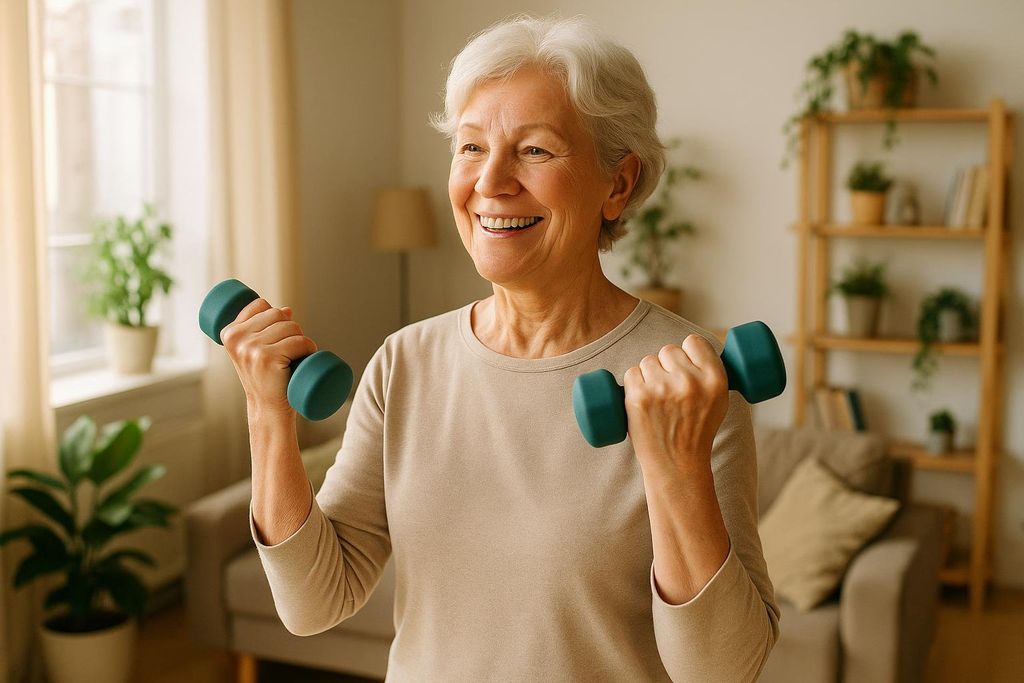 A smiling senior woman with short white hair holds a teal dumbbell in each hand, actively exercising in her bright living room. Plants and warm-toned furniture are visible in the soft-focus background.