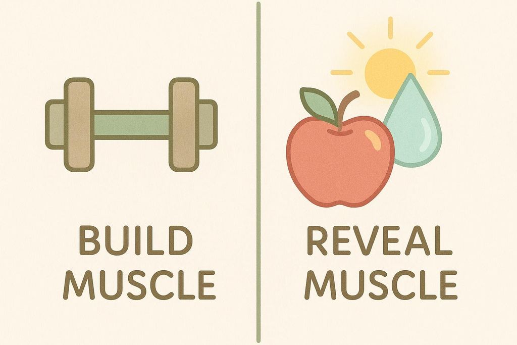 An illustration divided into two sections. The left section shows a dumbbell with the text "BUILD MUSCLE" below it. The right section shows an apple, a water droplet, and a sun icon with the text "REVEAL MUSCLE" below it. This visual metaphor suggests that exercise builds muscle, while nutrition and hydration help reveal it by reducing body fat.