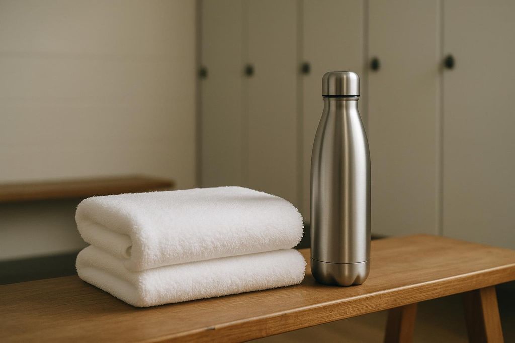 Folded gym towel and metal water bottle placed on a wooden bench in an athletic facility